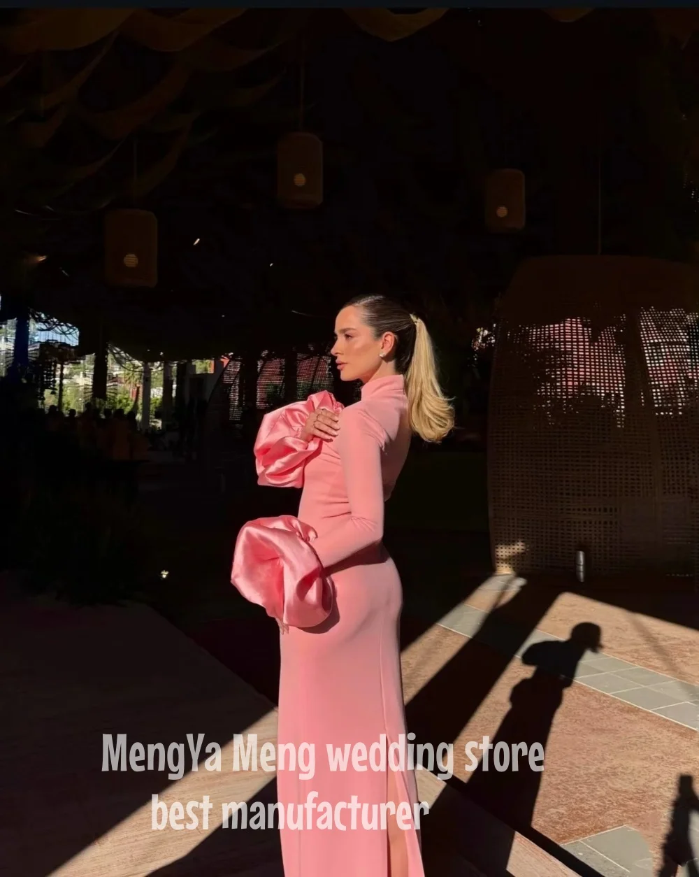ZHUISHU Modest Pink Crepe Long Evening Dress High Collar Full Sleeves Saudi Arabric Prom Dresses Formal Dubai Prom Gowns Customi