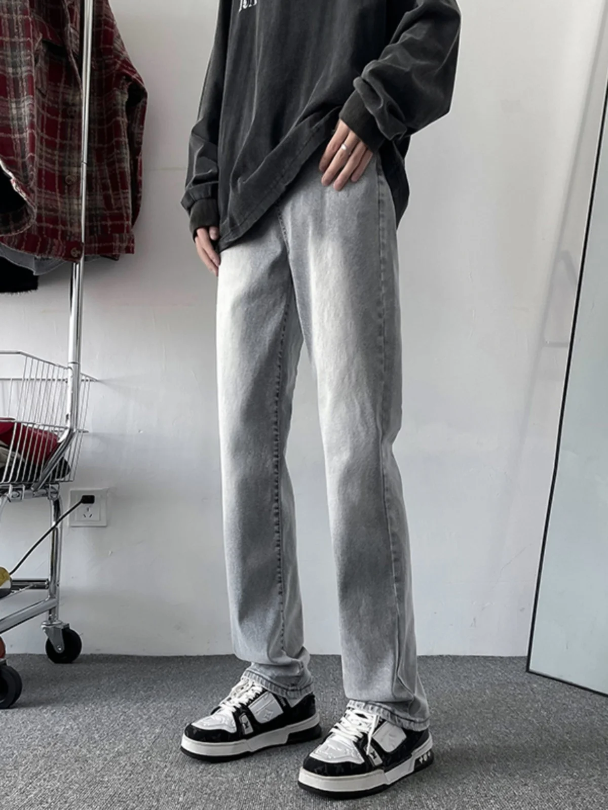 

Cleanfit Slim Fit Cement Color Men's Jeans American Retro High Street Straight Leg Micro Flared Pants Casual Youth Trend