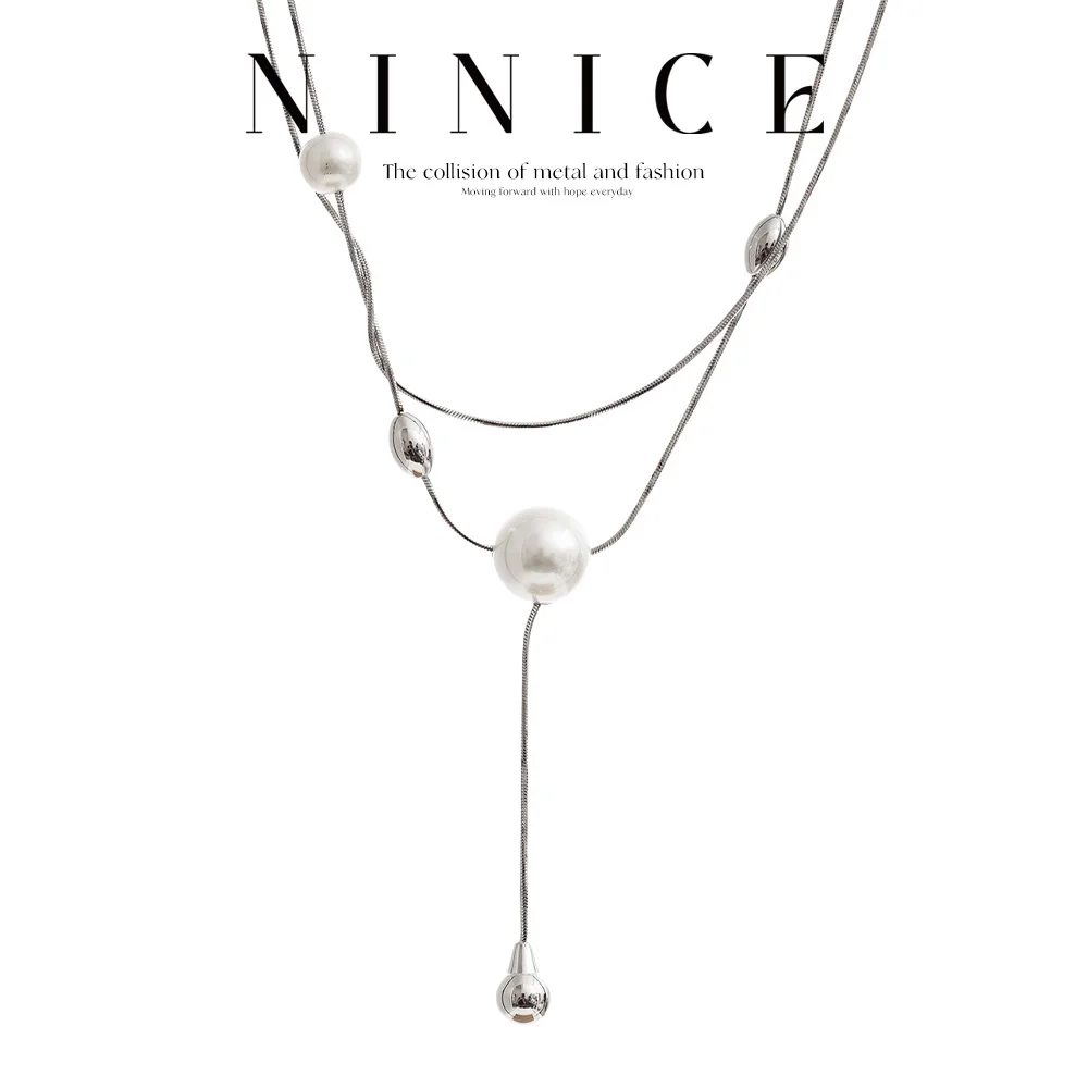 NiNice-collar elegante en forma de Y con perlas de imitación multicapa de acero inoxidable, collar con pechera elegante para mujer, joyería de diseño a la moda