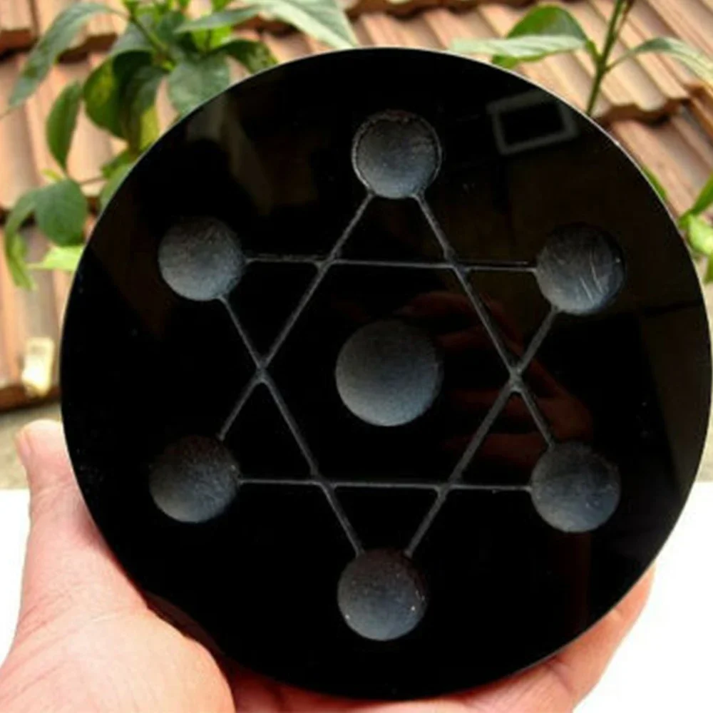 Asian Rare Natural Obsidian 7 Stars Array Plate Base Seven Chakra Reiki Crystal Healing Ball Stand Decorate 3.9