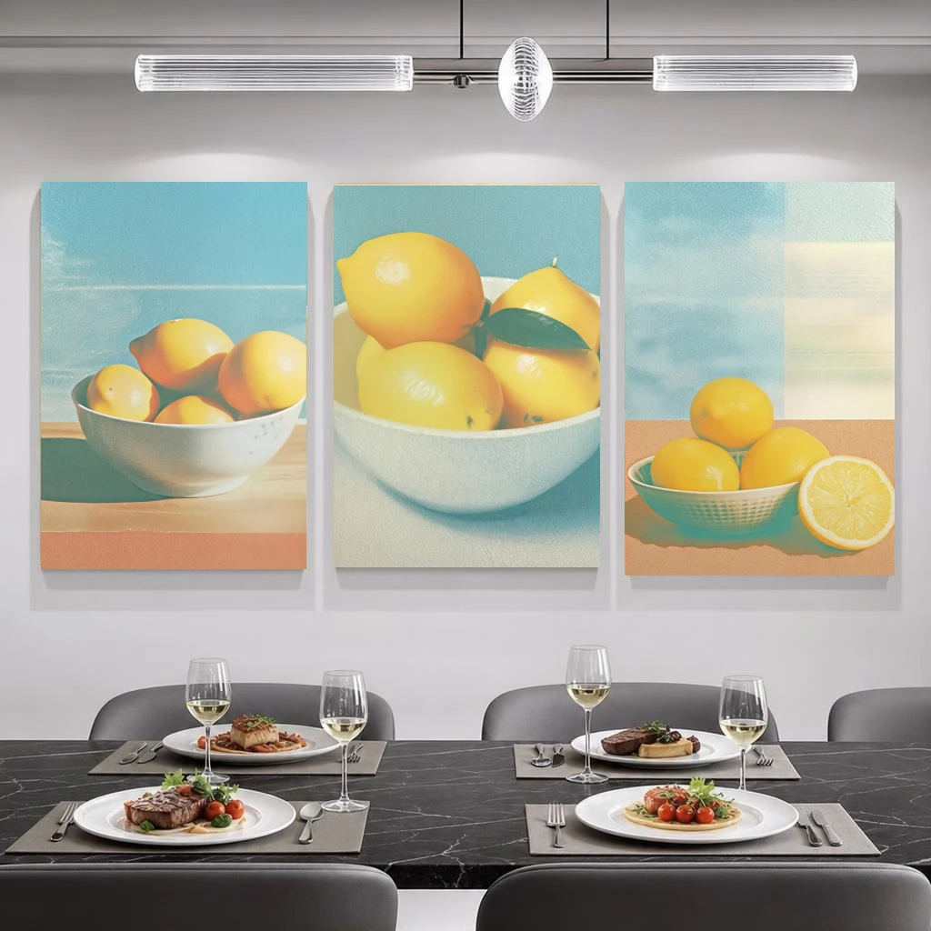 2D Flat, 2D Flat, 3pcs Modern Lemon Trio Wall Art, Vibrant Blue Background, Minimalist Home Decor for Living Room, Bedroom, K