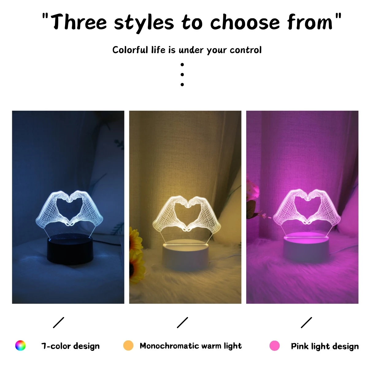 3D Two Hand Heart Night Light Home Desktop Decoration Christmas Decoration Fancy Lighting LED Room Light Birthday Gift Light