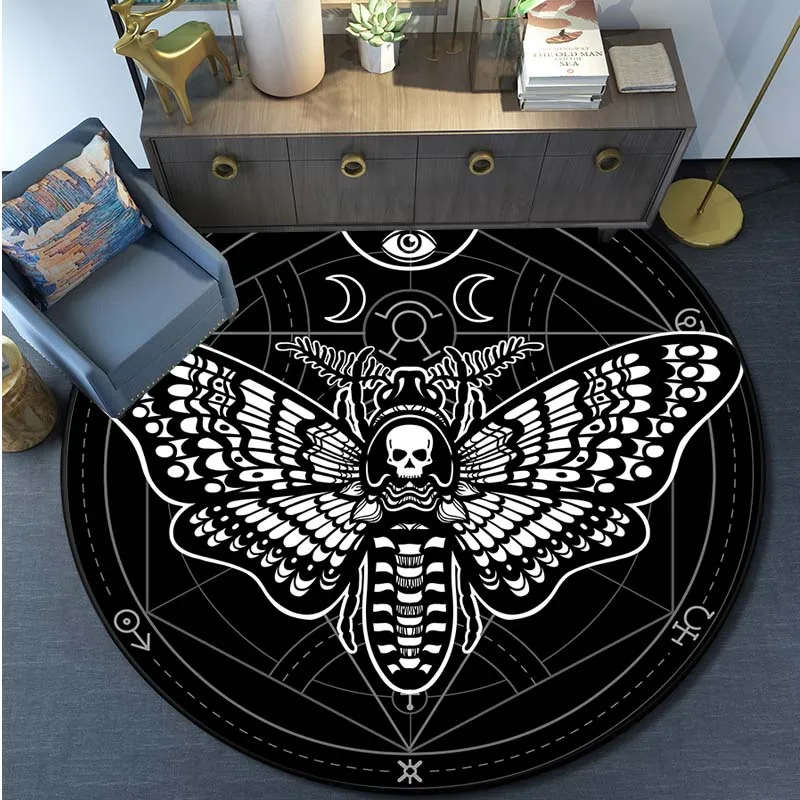 Death Moth Gothic Skull Print Pattern Circular Carpet Home Living Room Sofa Bedroom Floor Decoration