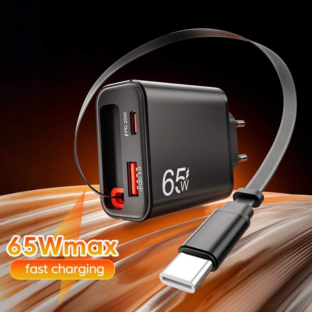 65W Super Fast Charging Wall Charger With Retractable USB C Cable For iPhone 17 16 15 QC3.0 Charger Adapter For Samsung Xiaomi