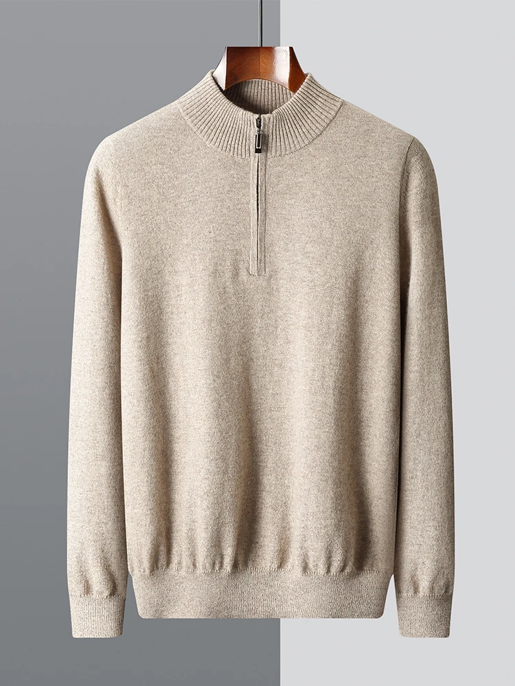 

Мужской кашемировый свитер на молнии с воротником-стойкой, осень-зима, пуловер из 100% мериносовой шерсти, умный повседневный мужской трикотаж, качественные толстые топы