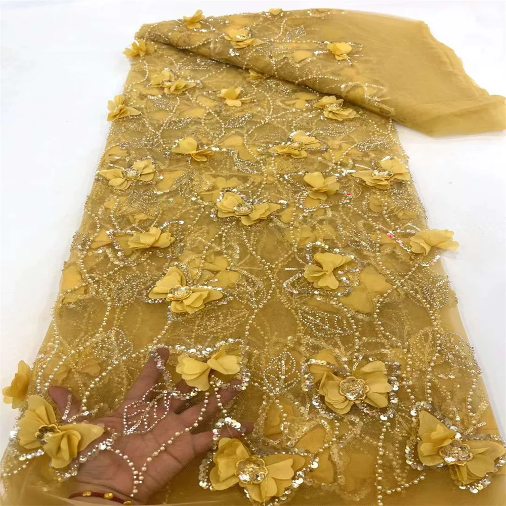 

Latest French 3D Beaded Tulle Lace Fabric 2024 High Quality African Net Groom Lace Fabric With Sequins For Evening Party Dresses
