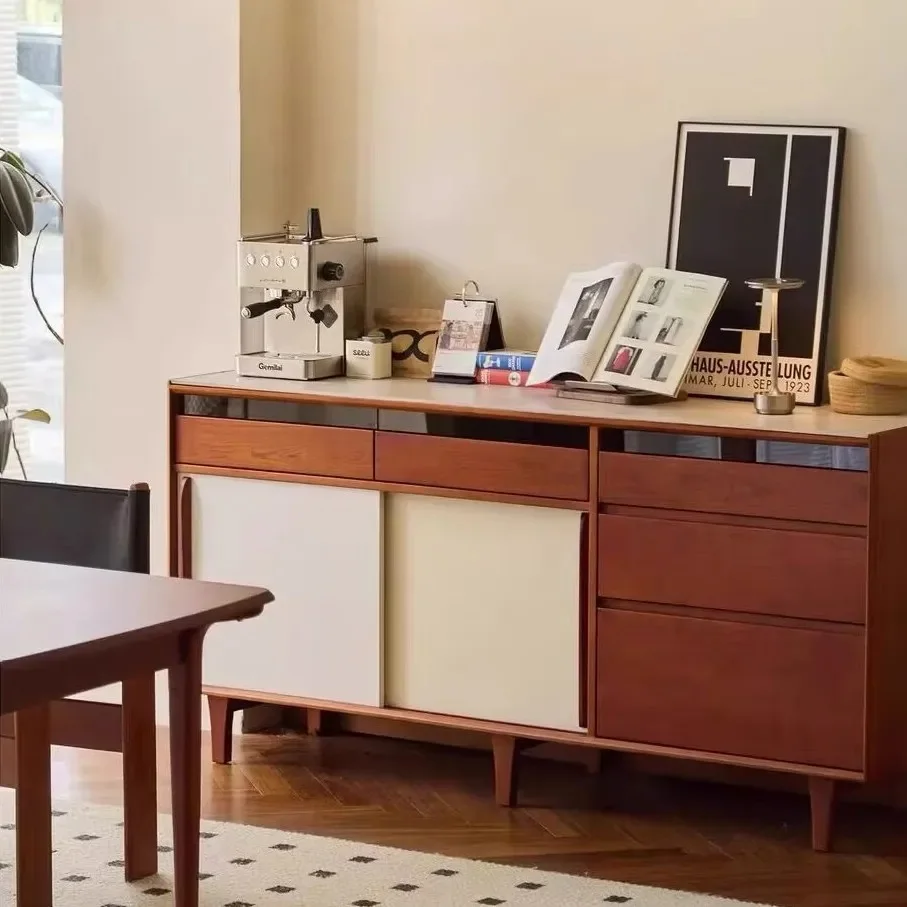 Nordic solid wood dining side cabinet integrated against the wall,  living room storage, sliding door, cupboard, coffee table