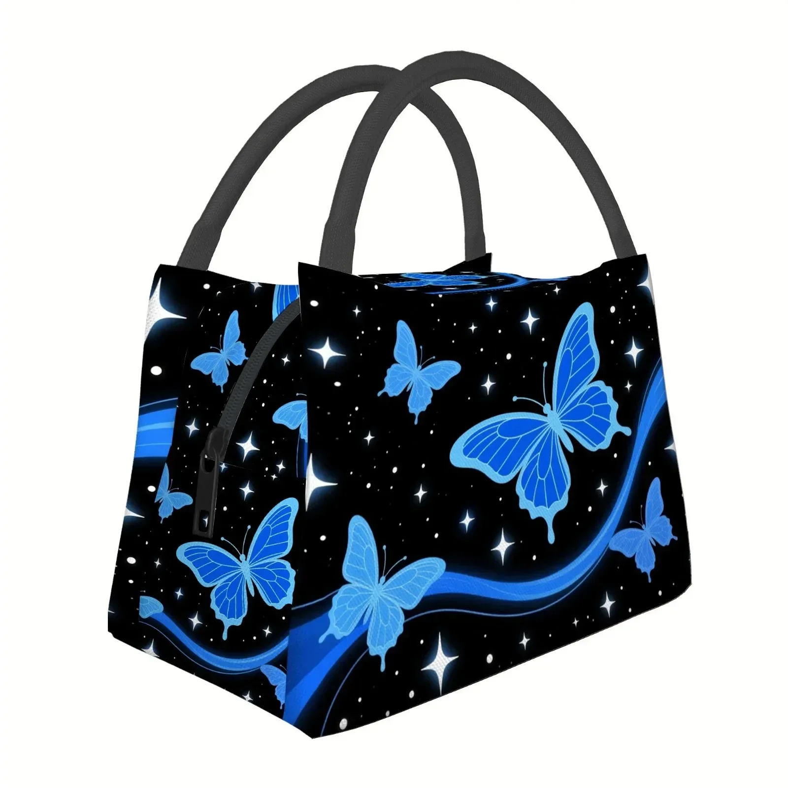 Blue Butterfly Starry Sky Insulated Lunch Bag Portable Thermal Tote For Unisex Daily Use