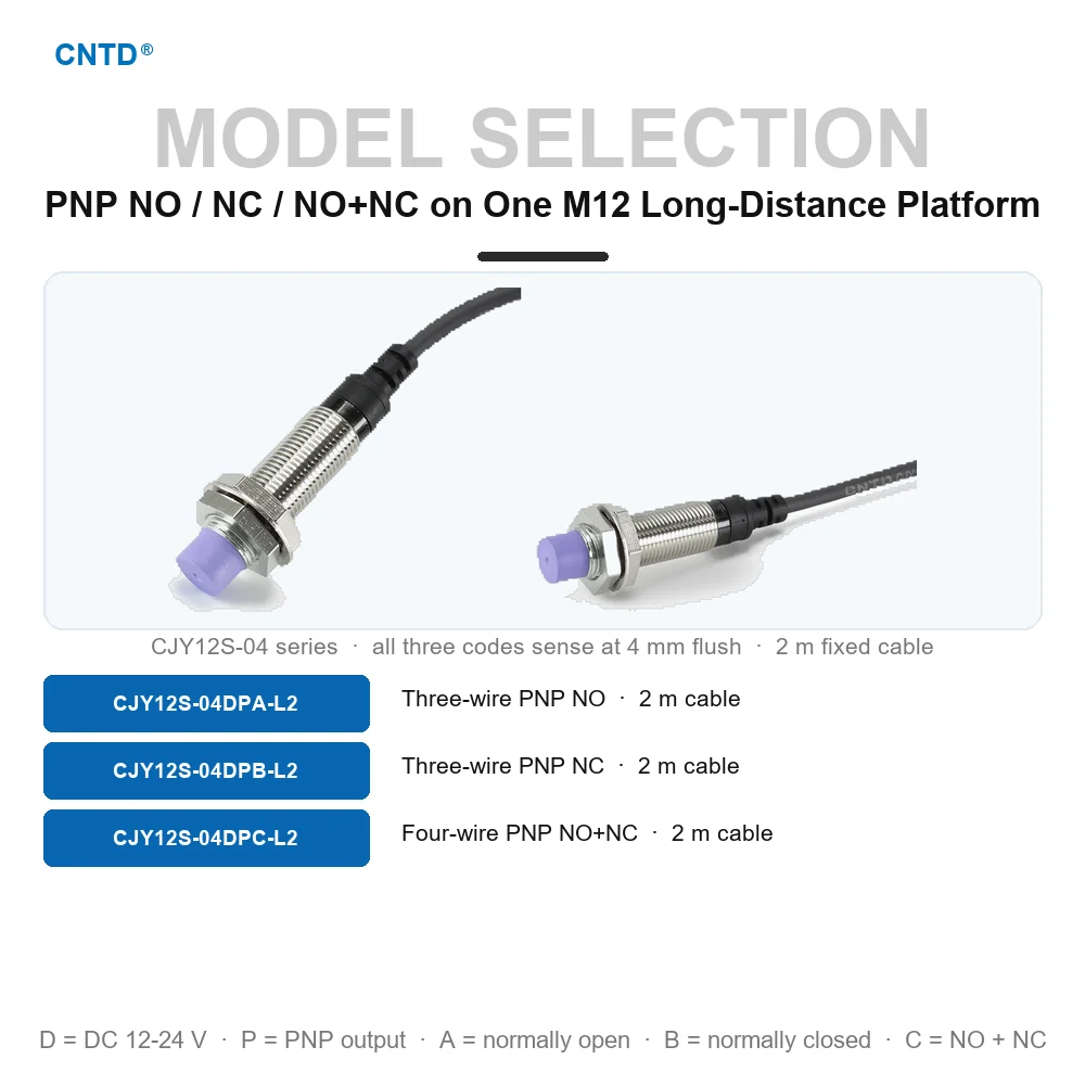 CNTD CJY12S-04 M12 Long Distance Inductive Proximity Sensor PNP NO NC NO+NC Flush Shielded 4mm IP67 12-24VDC 400Hz CCC CE TUV