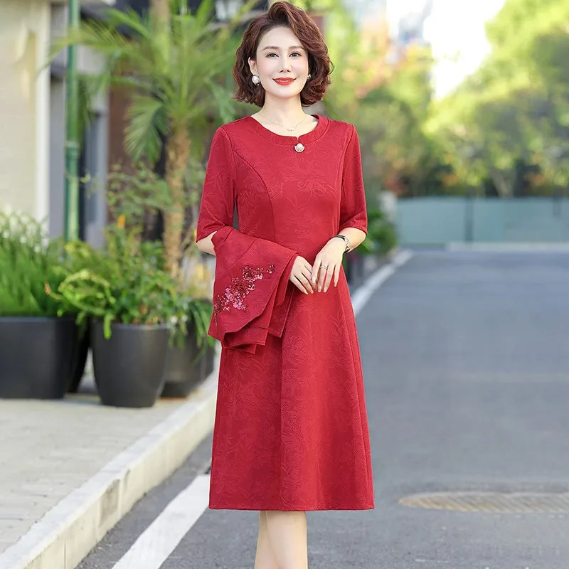 Spring Autumn Temperament Mom Jacquard Suit Coat Long Sleeve Set Women's Loose Large Slim Knee Length Skirt Two Piece Set