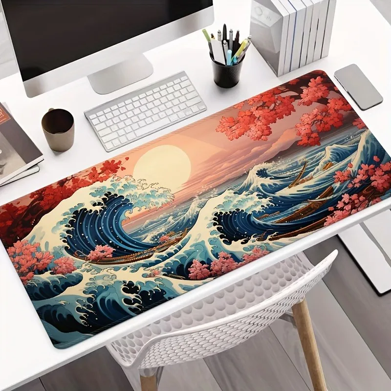 Classic Ukiyo‑e Great Wave Cherry Blossom Mouse Pad, Japanese Ocean Art Non‑Slip Rubber Extended Desk Mat for Home PC Gaming