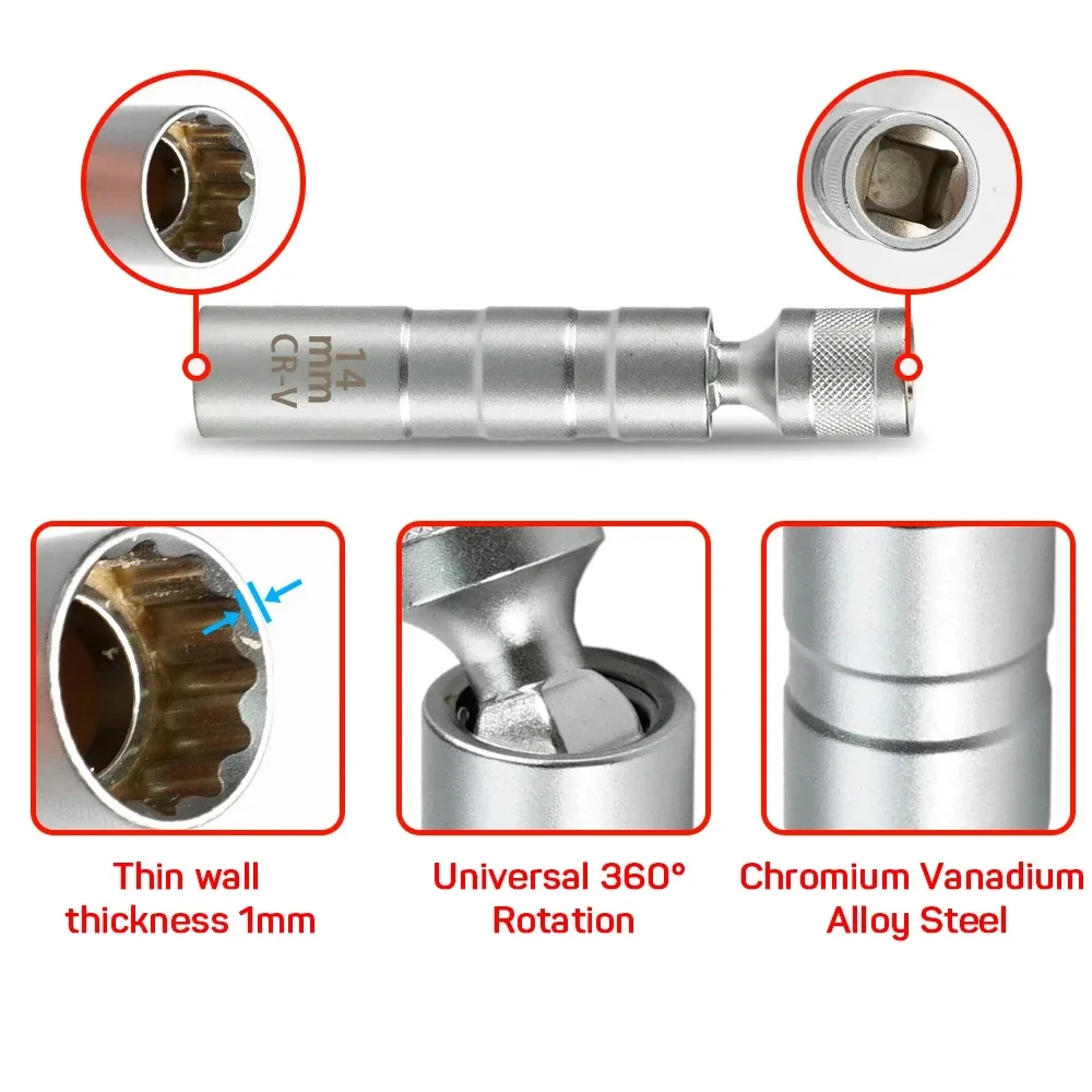Magnetic Spark Plug Socket Set 14mm 16mm 18mm 3/8 Drive 12 Point Thin Wall Swivel Universal Joint CR-V Car Engine Repair Tool