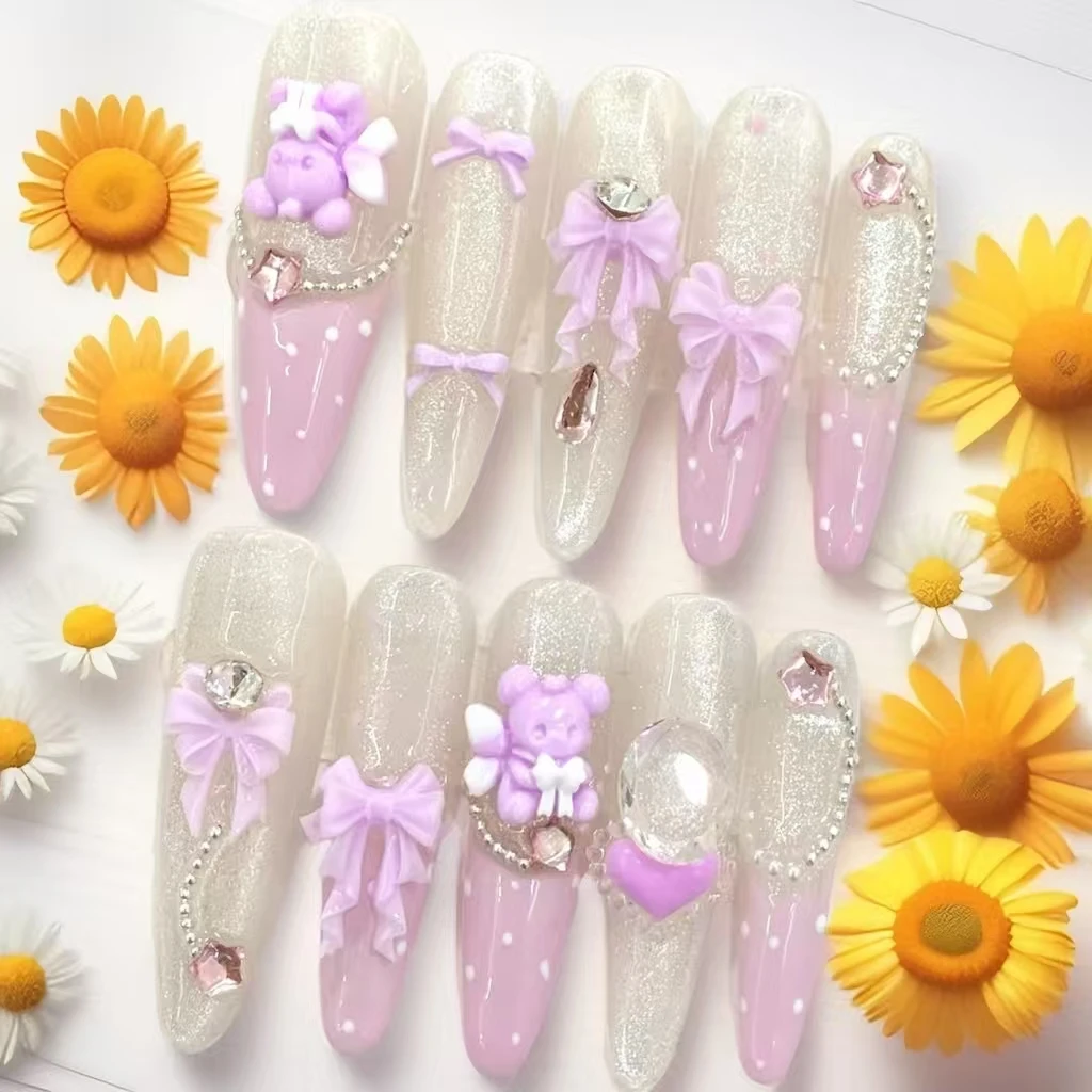 10Pcs Ballet Bear Purple Lace Bow Press On Nails Elegant Handmade False Nails with Butterfly Design With 4-PIECE Tools Nail Tabs