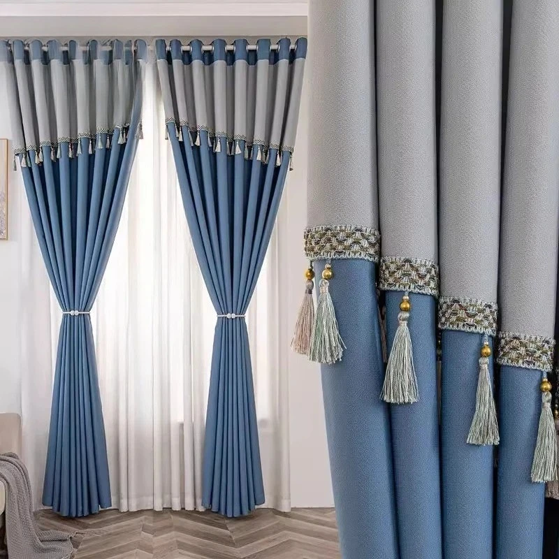 Blackout Cotton Linen Curtains for Living Room Bedroom with Tassel Trim Sunshades Window Drapes Thermal Insulated Black Panels