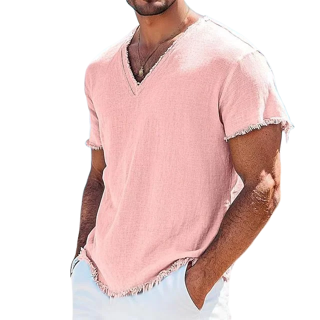 2026 Men's Summer Shirt Men's Retro V-Neck Cotton Linen Shirt Hawaii Casual Short Sleeve Beach Tops Outdoor Vacation Shirt