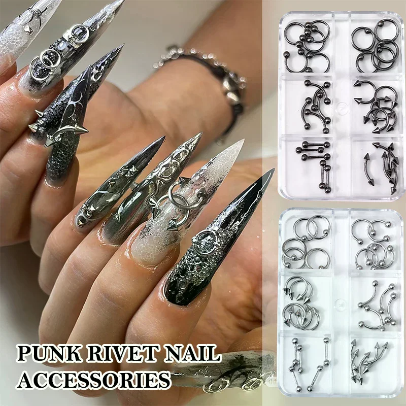 20/30/60Pcs Punk Metal 3D Nail Charms Fingertip Ring Studs Black/Silver Alloy Nail Art Decoration Manicure Supplies Accessories
