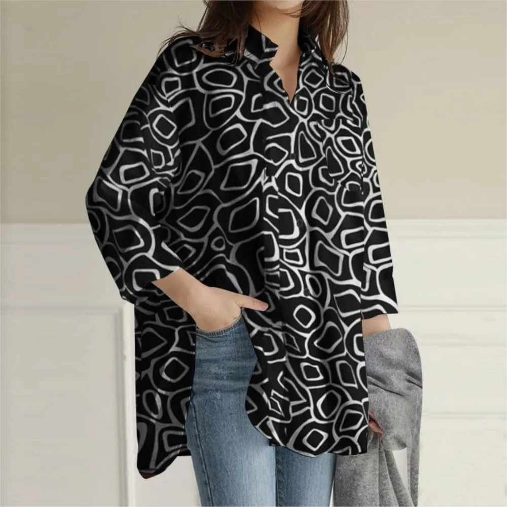 Blusa holgada De manga larga con solapa para Mujer, Camisa informal De oficina con estampado Irregular, a la moda, para otoño, 2024