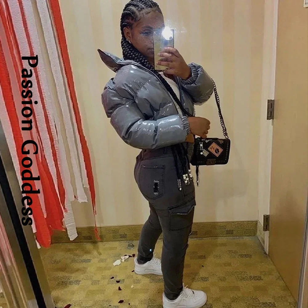 Women Shiny Gray PU Leather Down Puffer Jackets Winter Glossy Leather Bubble Coats Thick Parkas Down Zipper Puffy Jacket Parkas