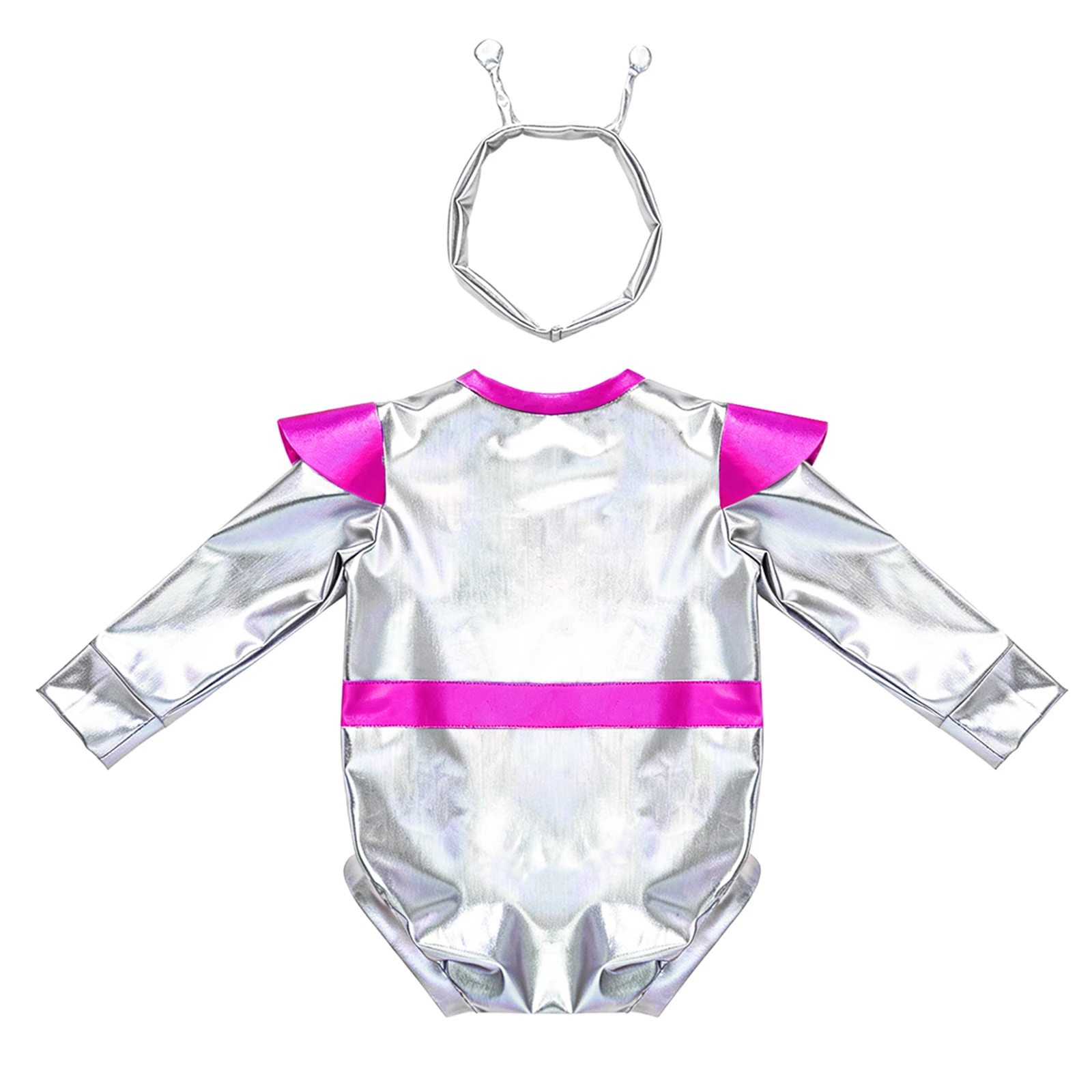 Toddler Boys Girls Metallic Alien Dress-up Jumpsuit Halloween Costume Cap Sleeve Zipper Shiny Romper for Photography Theme Party