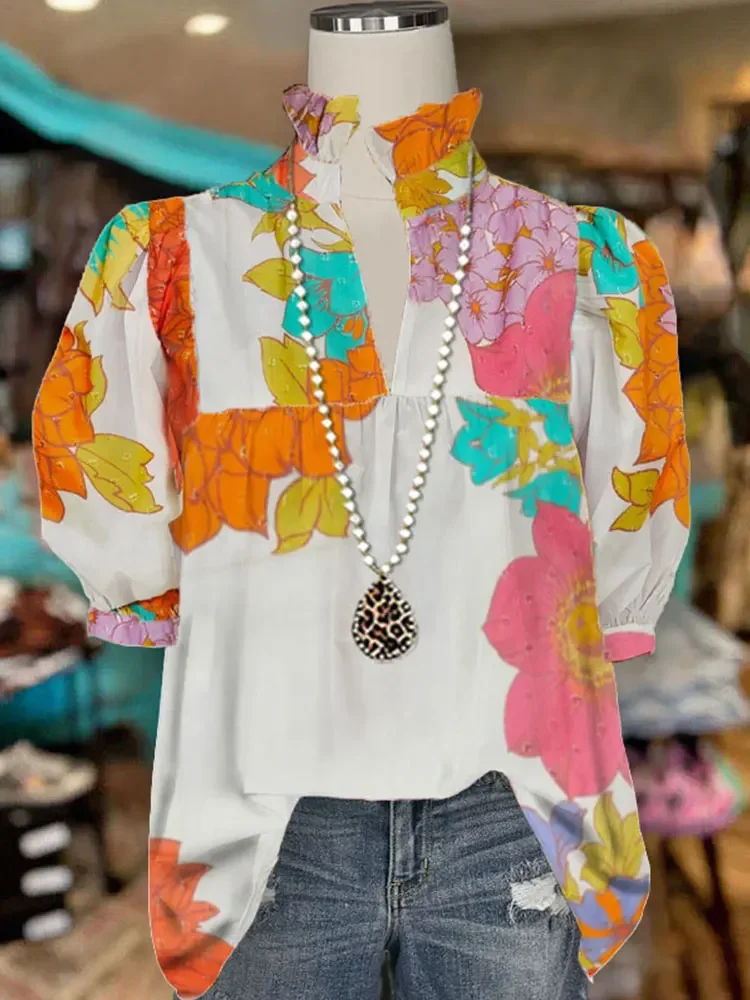 Contrast Color Flower Print Puff Sleeve Top Contrast Color Flower Shirt Women Casual V NeckT-Shirts
