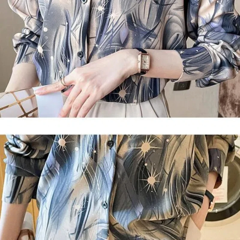 Turn-down Collar Women\'s Clothing Button Lantern Long Sleeve Tie Dye Printing Cardigan Shirt Casual Elegant Spring Autumn Tops