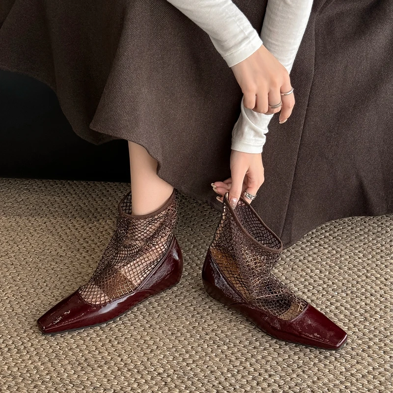 Fashion Through Mesh Square Toe Leather Splice Stiletto Ankle Boots Party Edgy Ladies 2027 Spring Breathable Trendy Footwear