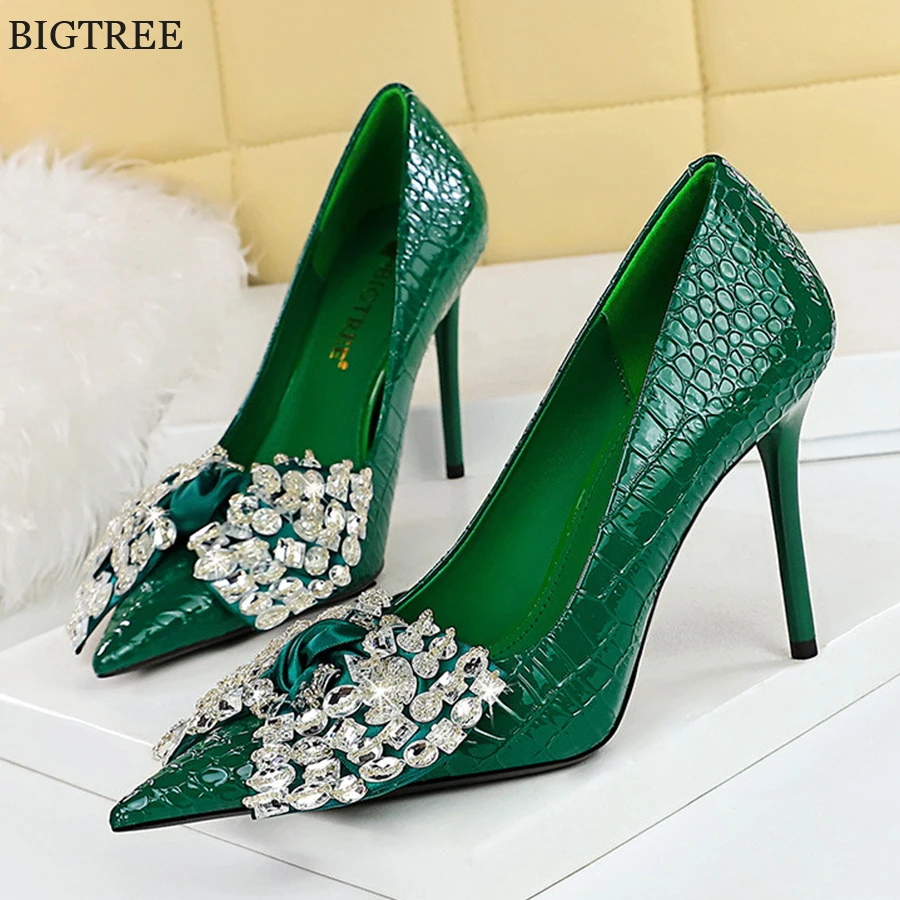 BIGTREE Stone Pattern Green Patent Leather Female Pumps New Sexy Crystal Rhinestones Bowknot Pointed Toe Dress Shoes Party Women