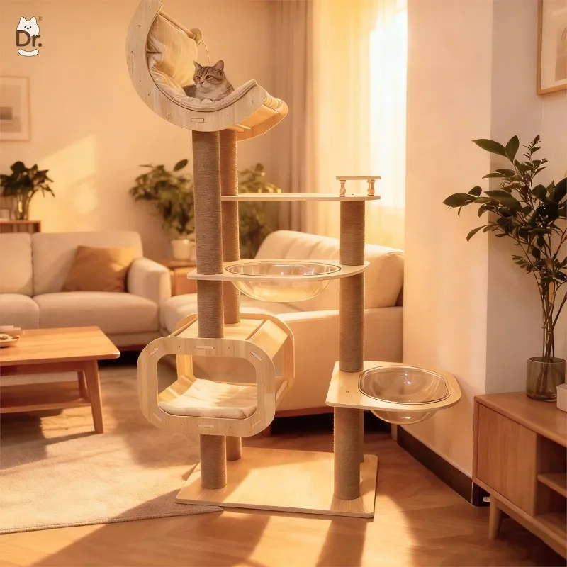 Large Compact Indoor Pet Villa Cat Furniture Cat Toys Solid Wood Cat Tree Condo House Space Capsule Cat Bed Scratching Post