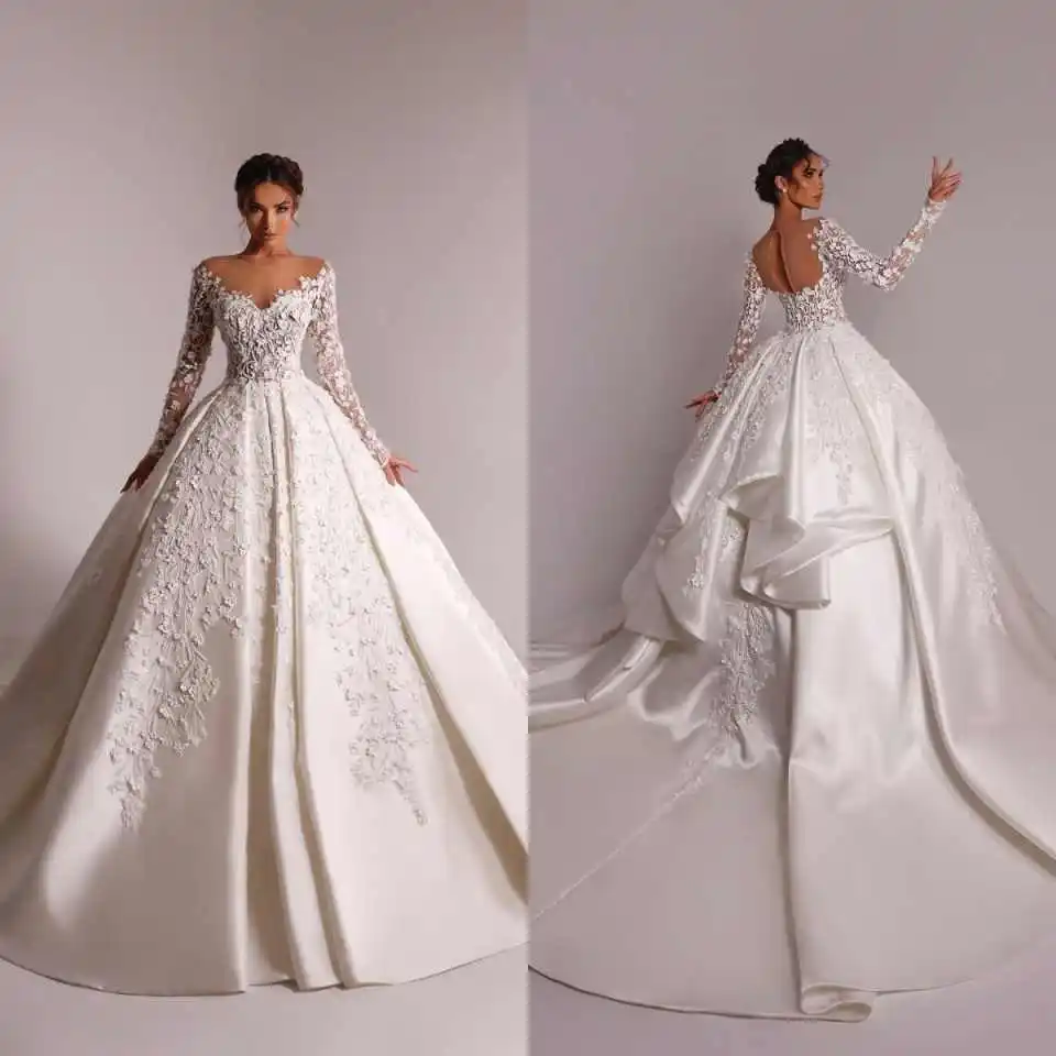 

Princess Ball Gown Wedding Dresses O Neck Long Sleeve Bridal Gowns Lace Appliques Vestidos De Novia Customized