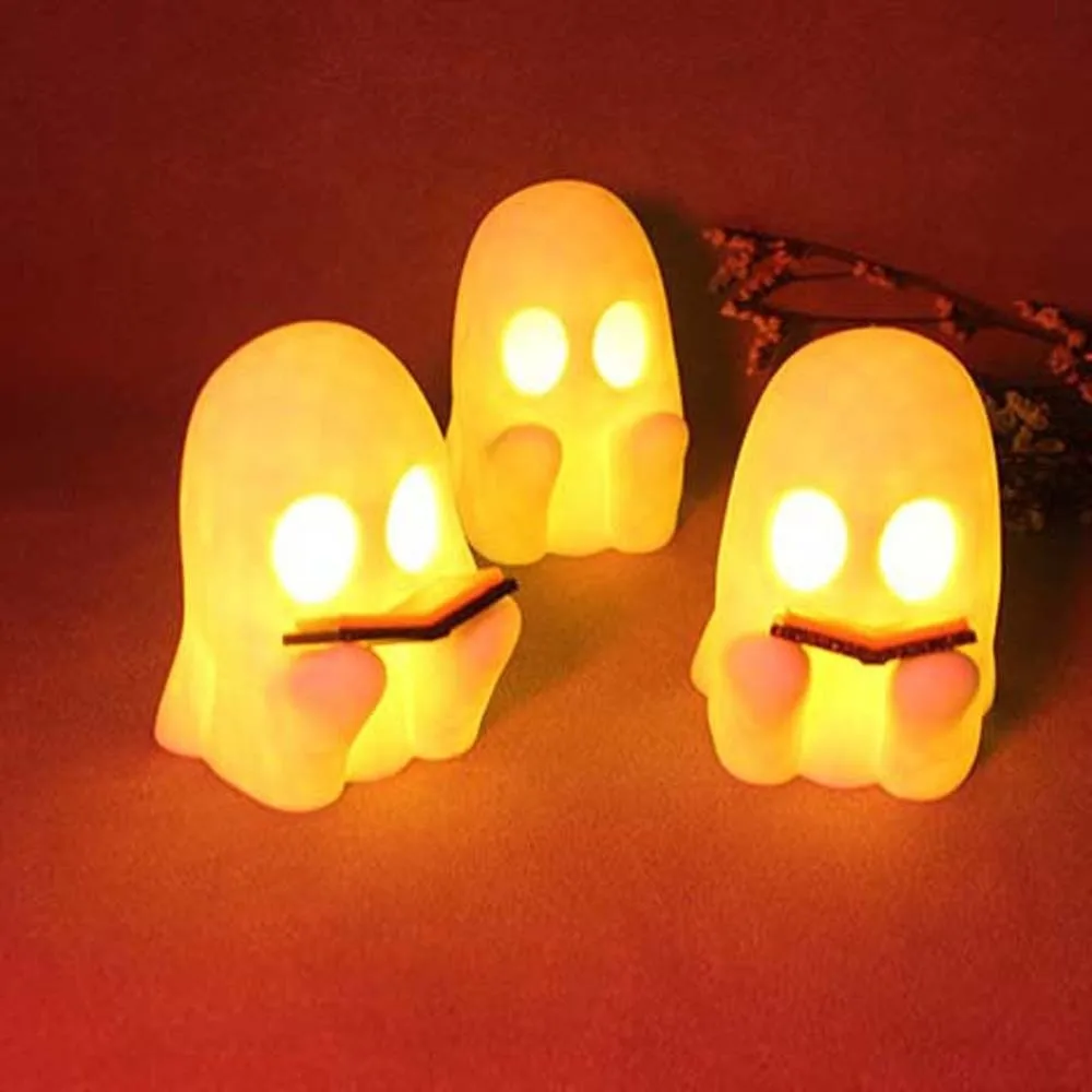 Button Cells Battery Operated Ghost Nightlight Mini Size Lightweight Design Reading Ghost Lamp Warm Yellow Glow Hollow Structure
