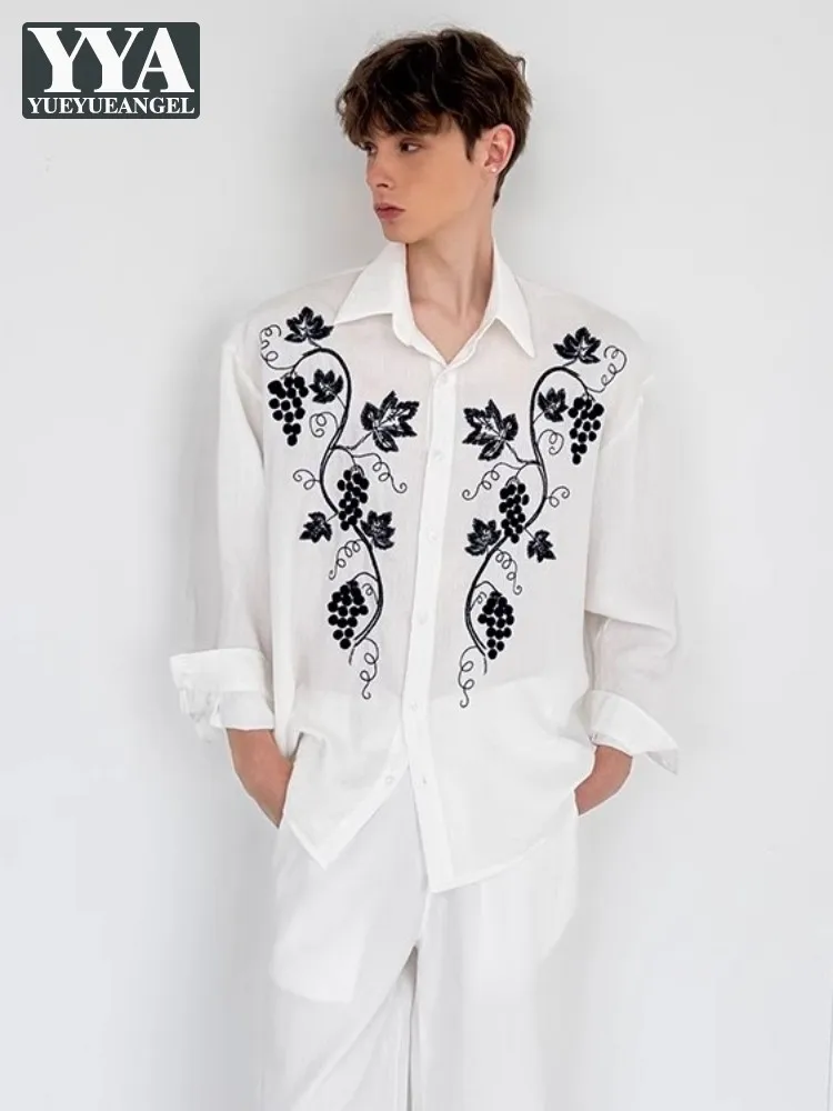 Men Spring Summer Fashion Casual Matching Sets Solid Color Long Sleeve Embroidery Shirt Loose Fit Straight Pants Two Piece Set