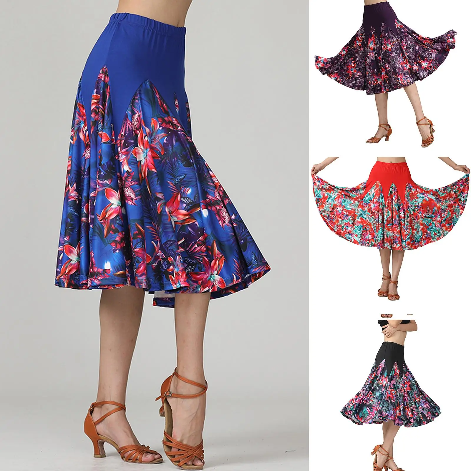 Ballroom Latin Dance Skirt Medium Floral Dress for Women Practice Waltz Tango Cha Cha Performance Outfit
