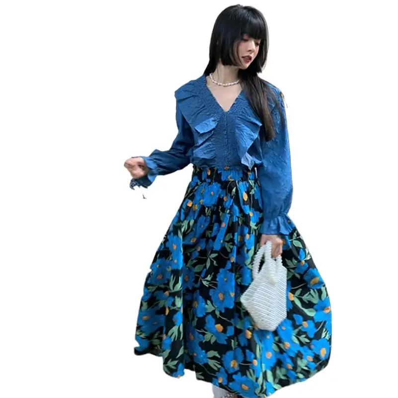 

Spring Cotton Women Korean Style Blue Print Maxi Dress Ladies Elegant Breathable Loose High Waist Vintage Ruffles Vestidos