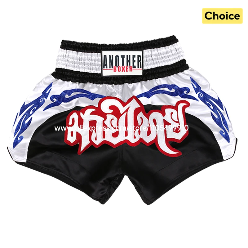 

Kickboxing Muay Thai Shorts Black White Boxing Trunks Men Women Kids Embroidery Satin Shorts for Cage Fighting MMA Gym Workout