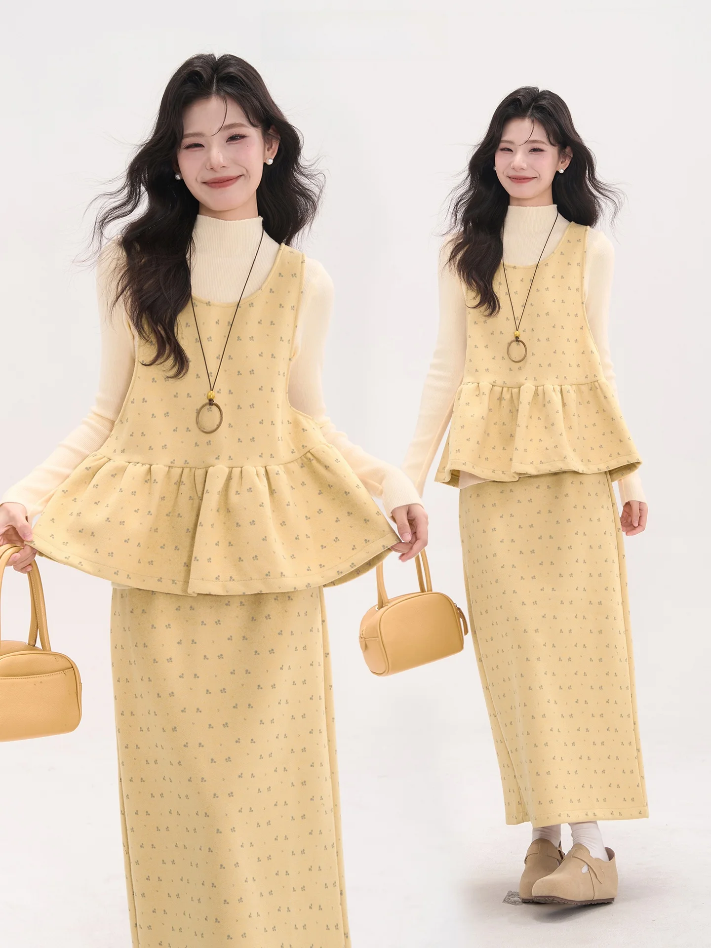 

Теплый вязаный комплект Heme: жилет и юбка с цветочным принтом для женщин, зимний модный повседневный костюм-двойка для свиданий