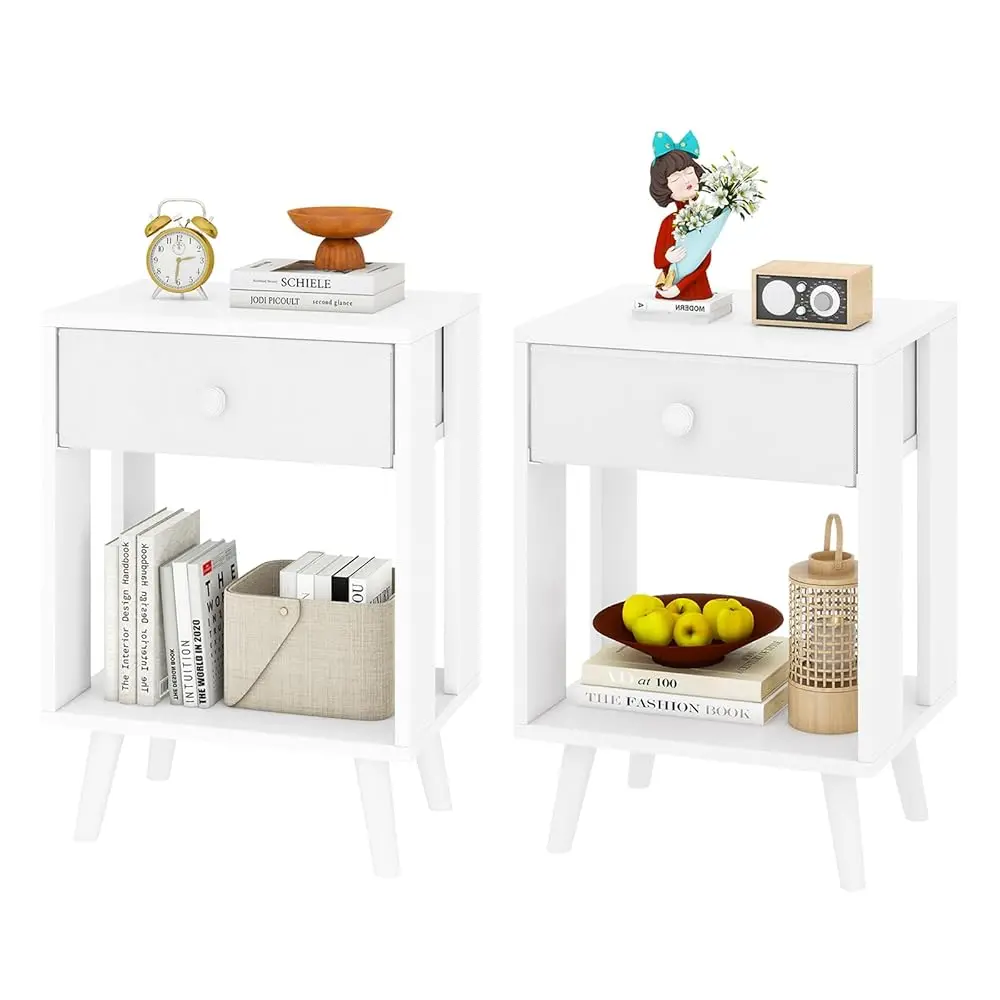 

Nightstand Set Of 2 With Fabric Drawers And Open Shelf Unit, Solid Wood Legs, Bedside Table, Cabinet, 15.4"" X 11.6"" X 23.4"",