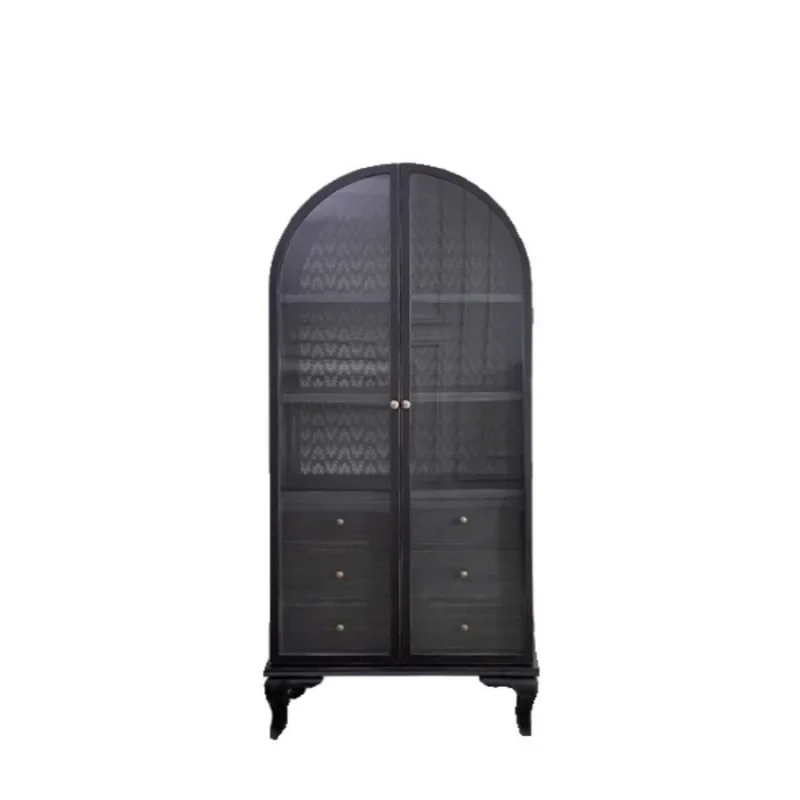 

American solid wood bookcase, home bookcase black figure display case, retro bookshelf, French arch