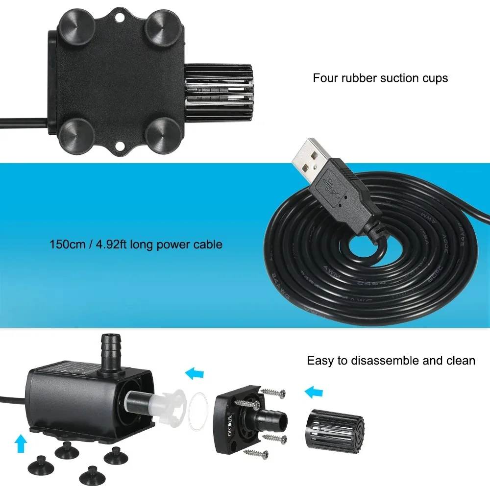 USB DC5V 4.8W Ultra-quiet Mini Brushless Water Pump Waterproof Submersible Fountain Aquarium Circulating 300L/H Lift 300cm