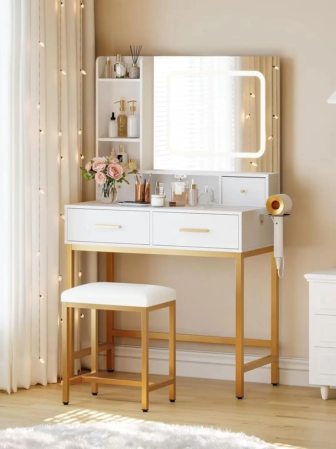 Kaptafel met LED-spiegel en kruk, 3 verlichtingsmodi, 4 laden, ingebouwde stopcontacten & planken, make-up tafeltje - afbeelding 2