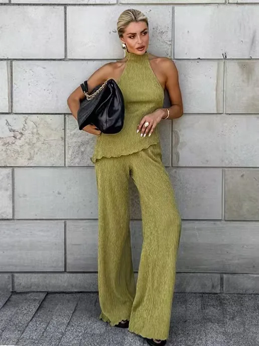 Conjunto de Top y pantalones Sexy para mujer, pantalones de pierna ancha, vestido de Neline con dobladillo doblado, traje de dos piezas redondo Ne