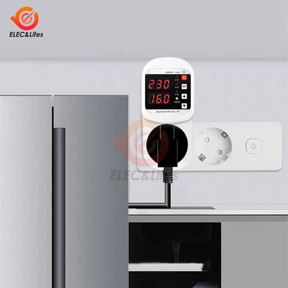 Automatic Voltage and Current Protector Socket LED Display Multifunctional Refrigerator Socket AC 220V 16A Power Surge Protector