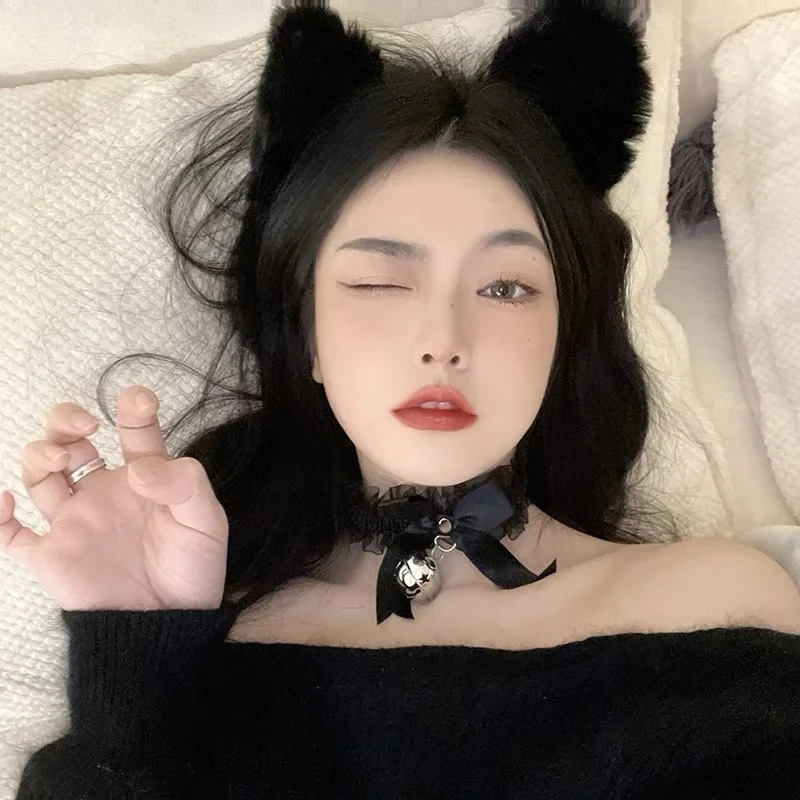 Fashion Fox Cat Ear Hair Band Popular Plush Cat Ear Headband Black White Soft Hairband with Bells Party Cosplay Hair Accessories