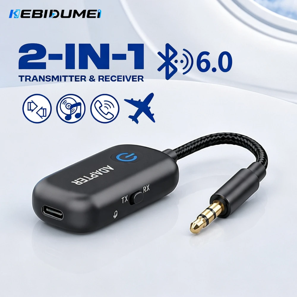 KEBIDUMEI AUX Bluetooth 6.0 Wireless Audio Adapter 2 IN 1 Receiver Transmitter Two-device Connection For Car Airplane TV PC