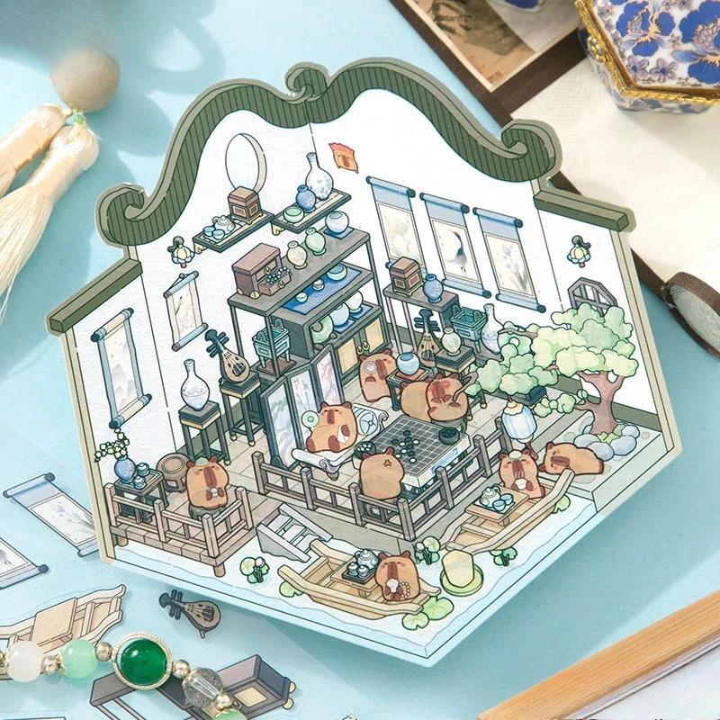 Chinese Style 3D Landscaping Stickers Cartoon Cabin Scene Visual Stacking Stickers DIY 3D Sticker Festival Gift For Ren