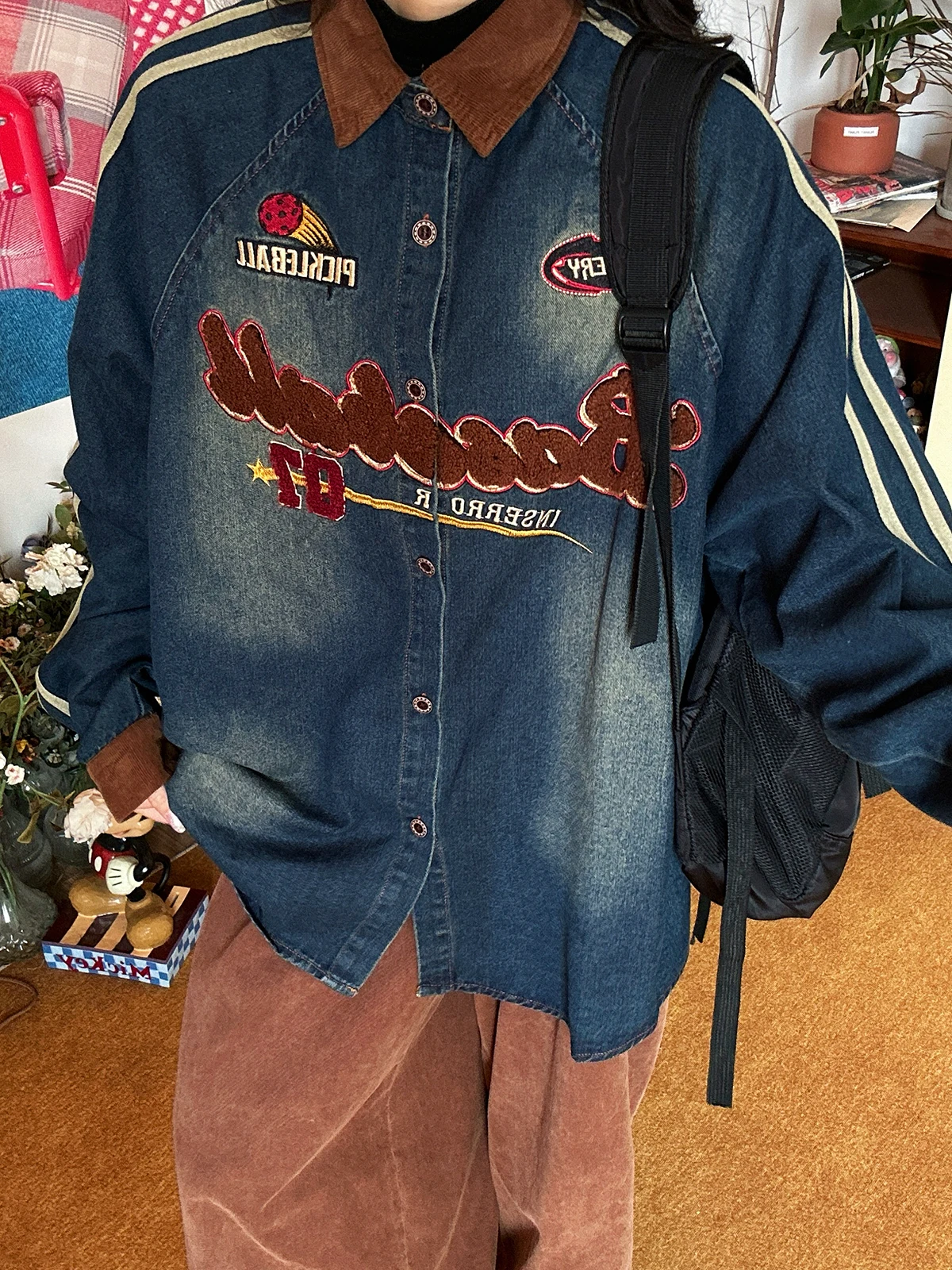 

Retro American Letter Embroidery Denim irt Women's Long Sve Loose College Sle Top Trendy Breathable Wear Resistant