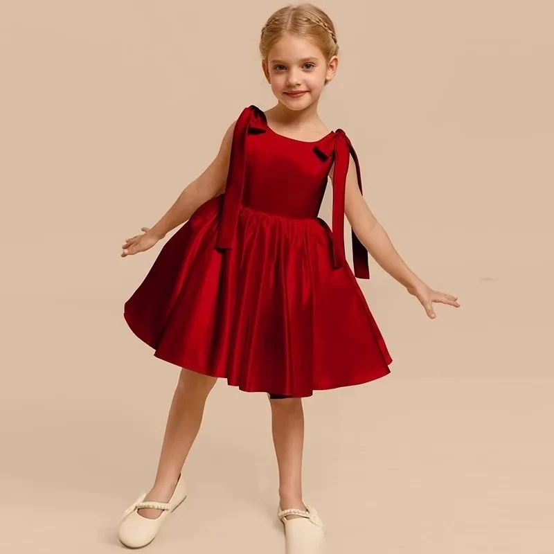 

Elegant Girls Satin Red Dress Princess Party Gown Costume Pian Pageant Outfit Birthday Performance Children Clothing Dresses