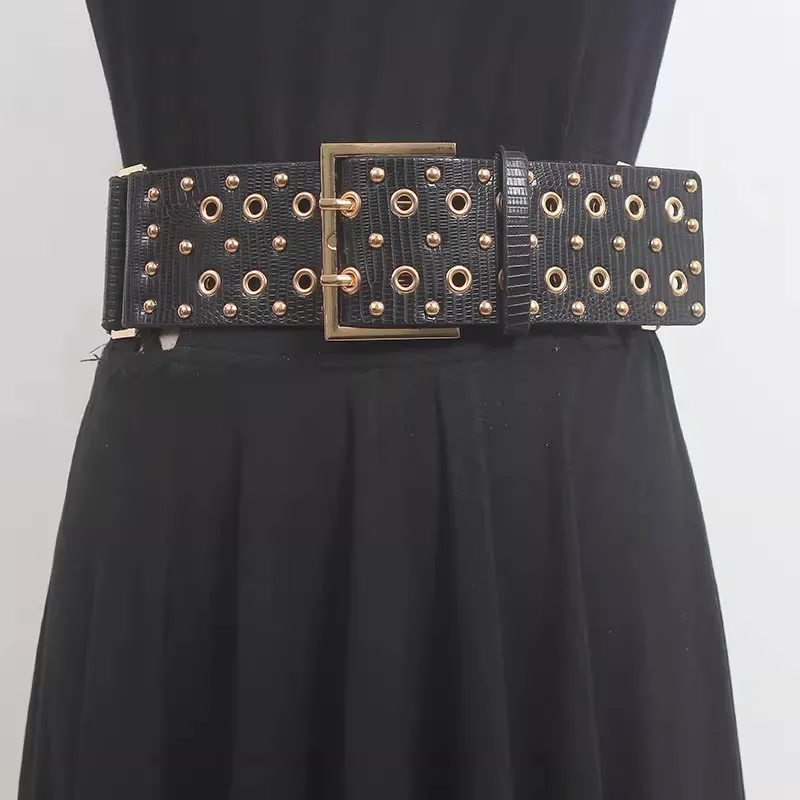 Women's Runway Fashion Rivet Elastic PU Leather Cummerbunds Female Dress Corsets Waistband Belts Decoration Wide Belt R155