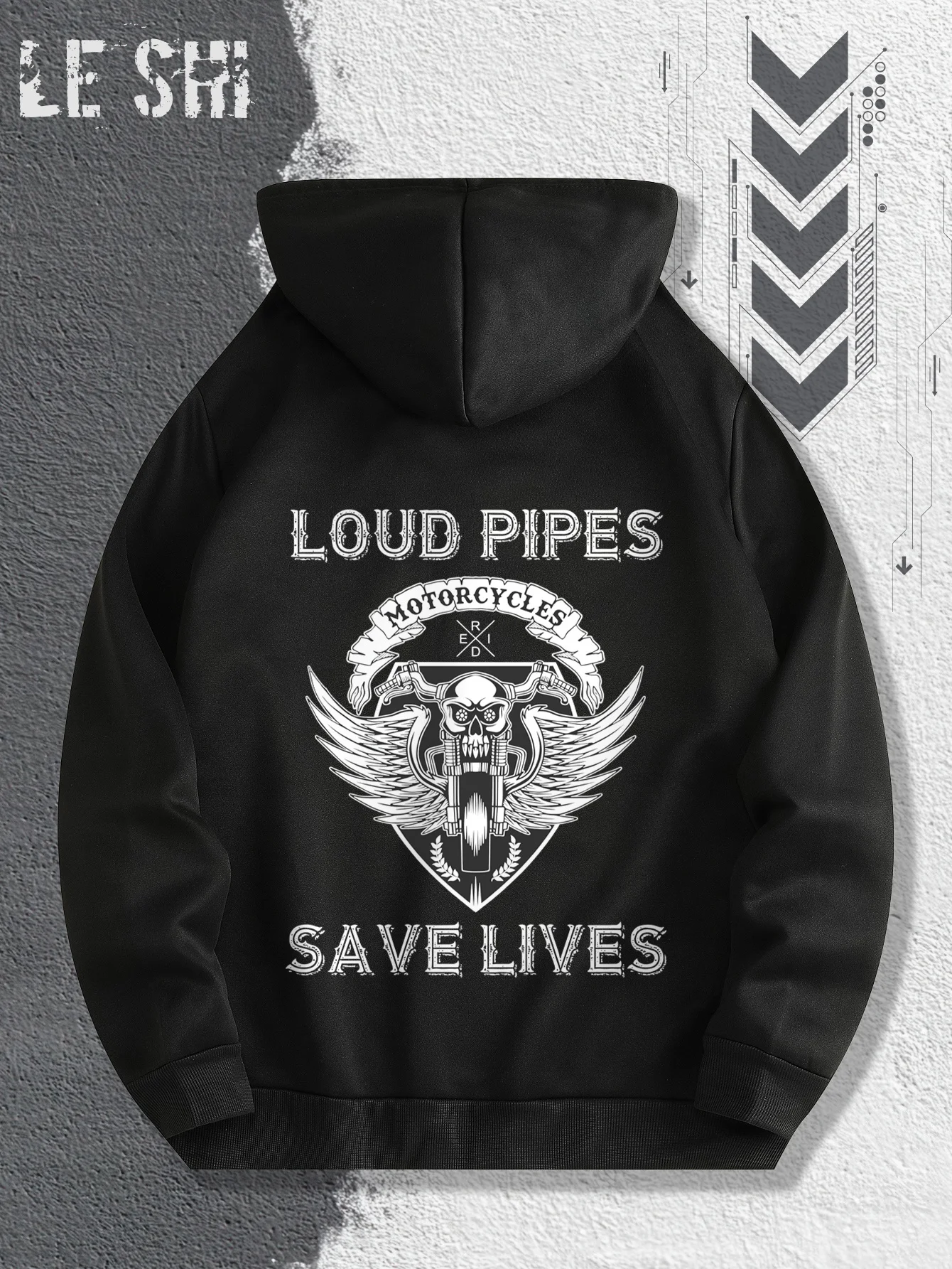 Motorcycle enthusiast men's loose-fitting hooded shirt with distressed font skull motorcycle print outdoor hooded shirt