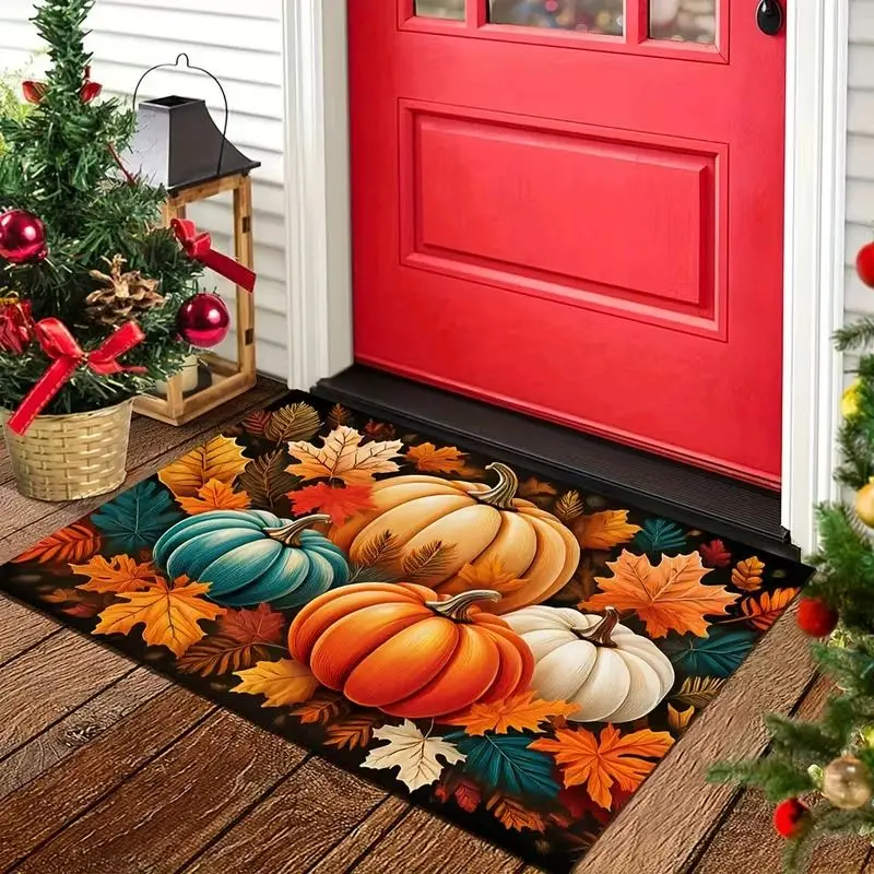VIKAMA Black Multicolor Gourds Harvest Foliage Entry Rug Skid Resistant Floor Mat Thanksgiving Greeting Room Decor Soft Durable