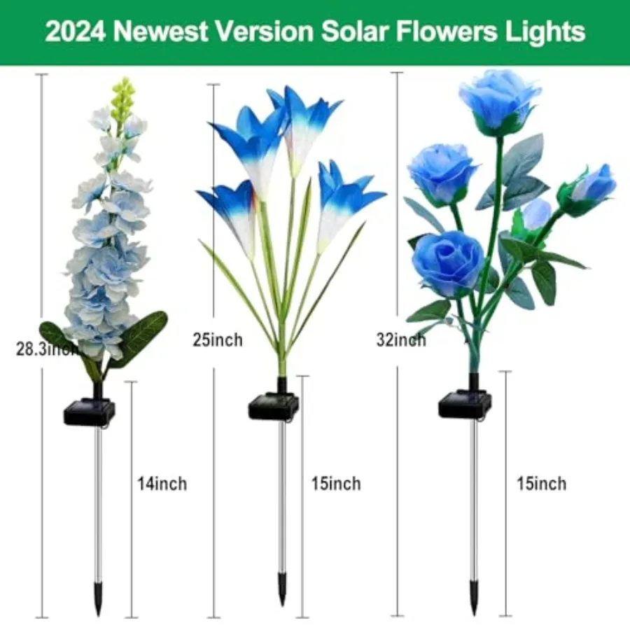 Solar Garden Lights, 6 Pack Solar Flowers Lights with Lily Rose Delphinium, Waterproof Gardening Gifts for Mom Grandma Women, M